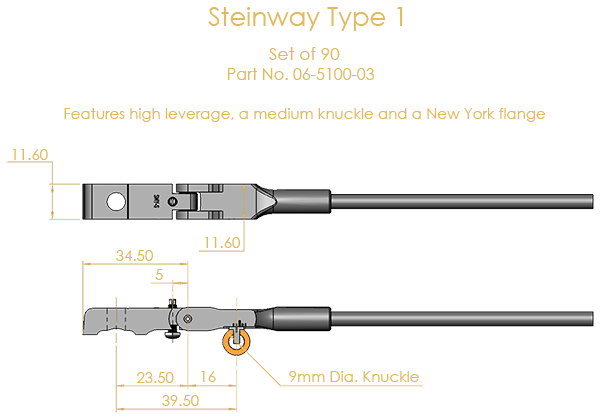 Steinway Type 1 Shank & Flange Set, Flex 2 (knuckles not attached)