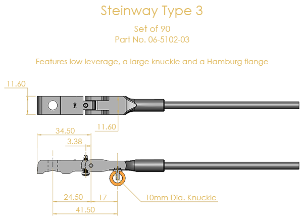 Steinway Type 3 Shank & Flange Set, Flex 2 (knuckles not attached)